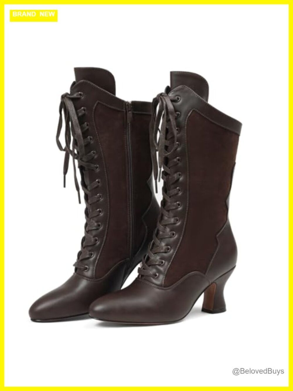 Women's Victorian Lace Up Mid Calf Boots Pointed Toe 2.7" Flare Heel Costume